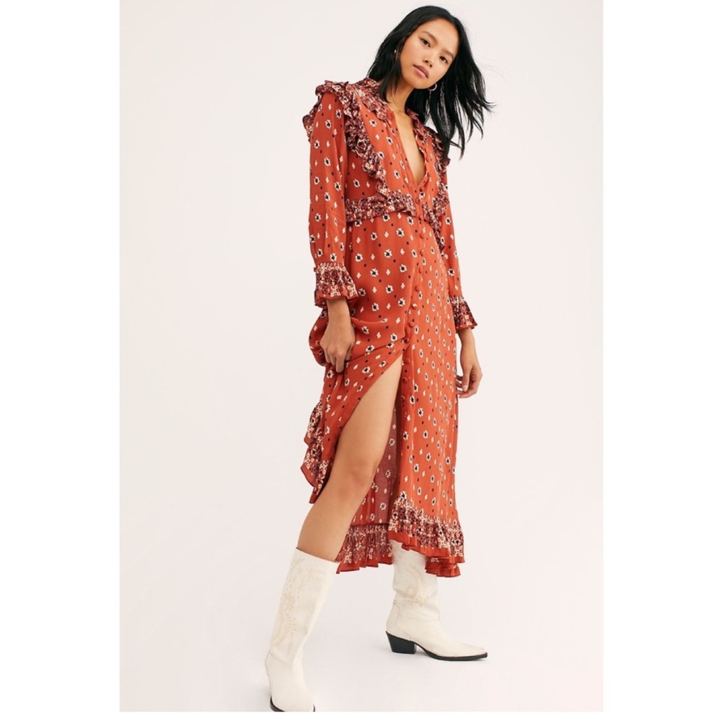 Free People Rust Boho Printed Ruffle Longline Duster - Picture 6 of 16